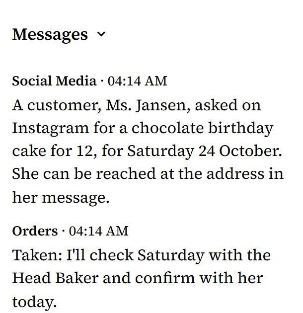 Messages between Social Media and Orders: Social Media's message about Ms. Jansen's chocolate birthday cake for Saturday 24 October, and Orders' reply, Taken, that it will check Saturday with the Head Baker and confirm with her today