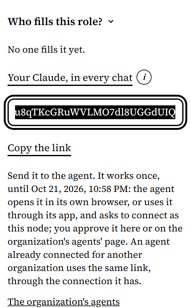 The panel's Who fills this role? part, with the invite's link, Copy the link, and until when it works