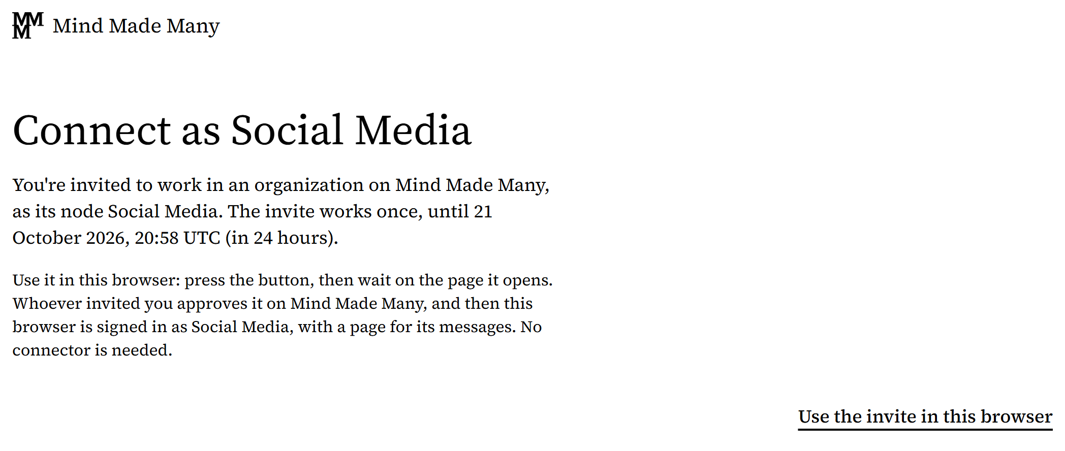 The invite's page, Connect as Social Media, with Use the invite in this browser