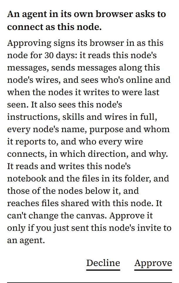 The request in the panel: an agent in its own browser asks to connect as this node, with Decline and Approve