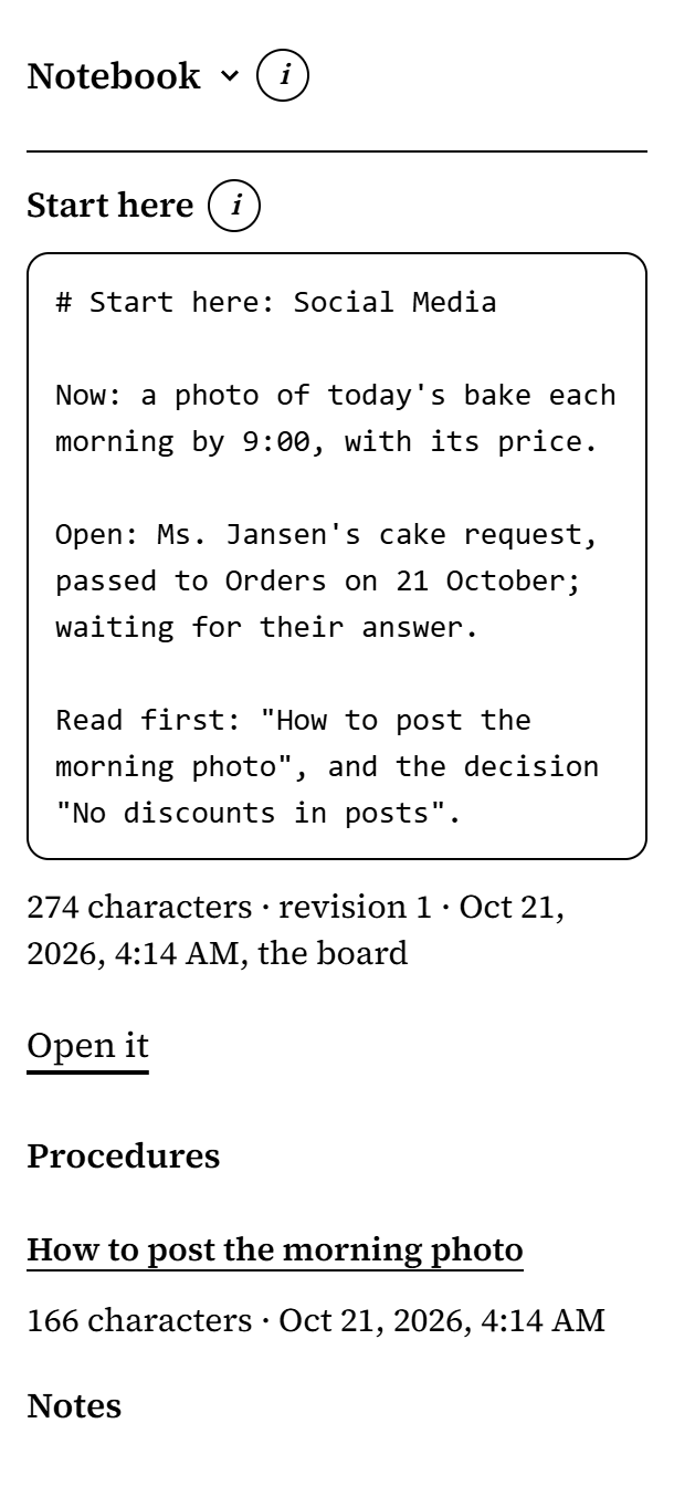 Social Media's notebook in its panel: its Start here says what the role does now, that Ms. Jansen's cake request is open with Orders, and which pages to read first, with its revision, date and author, and below it the role's procedures